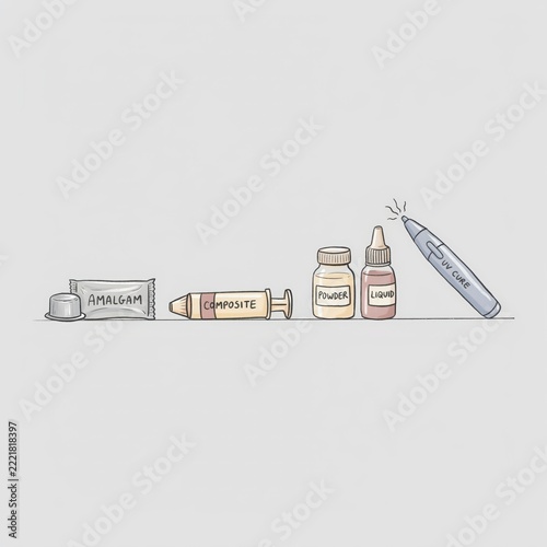 Illustration of dental filling materials and UV curing process shown step by step