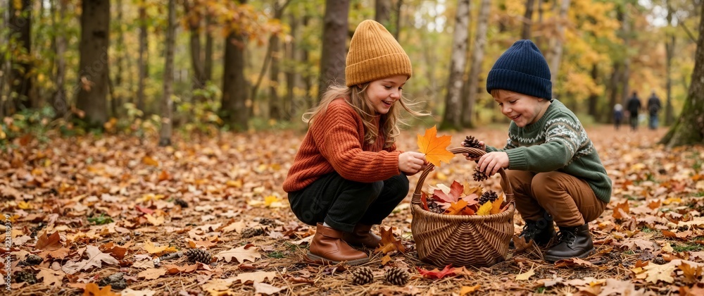 Fototapeta premium Children gathering pinecones and colorful leaves in a basket. Autumn park activity