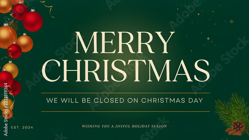 Merry Christmas celebration holiday, modern greeting card, postcard - we will be closed on new year with christmas baubles ornaments template header for web template created with generative ai