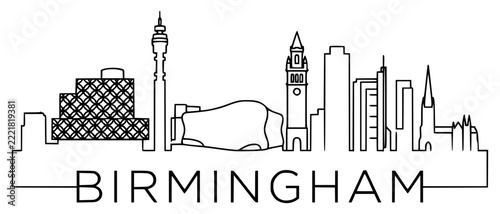 Birmingham England Skyline Continuous Line Art Vector - Minimalist British Cityscape Outline Drawing with Landmarks