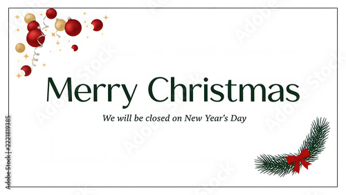 Merry Christmas celebration holiday, modern greeting card, postcard - we will be closed on new year with christmas baubles ornaments template header for web template created with generative ai