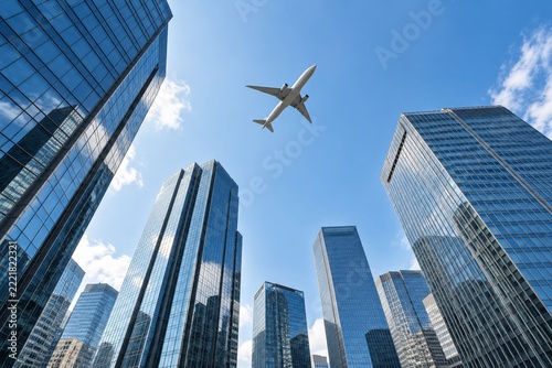 Passenger Airplane Flying above Modern Business Skyscrapers in Blue Sky
