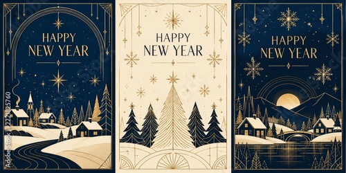 Art deco holiday poster collection with gold line trees and winter motifs