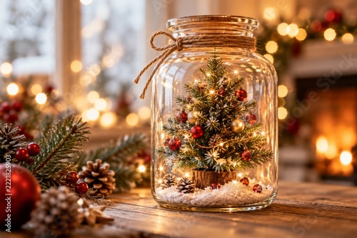 Tiny decorated Christmas tree inside a clear glass jar with warm lights