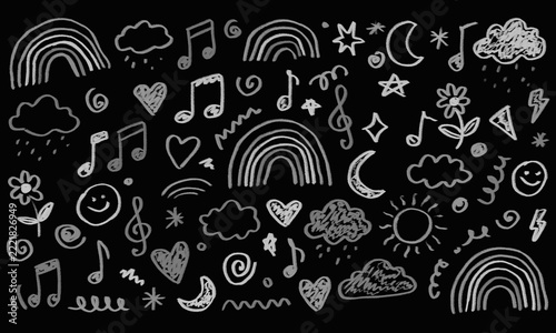 Hand drawn doodle set with rainbows, clouds, hearts, stars, music notes, sun, and moon on a black chalkboard background
