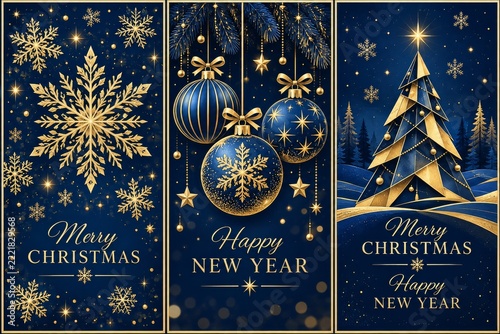 Blue and gold holiday card collection with snowflakes, baubles and a tree