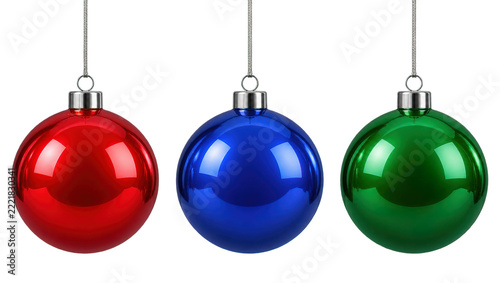 Glossy Christmas Baubles in Red Blue and Green Isolated on Transparent Background
