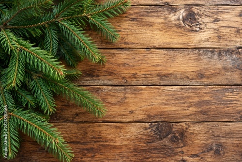 Fresh green spruce branch on rustic wooden planks with natural copy space