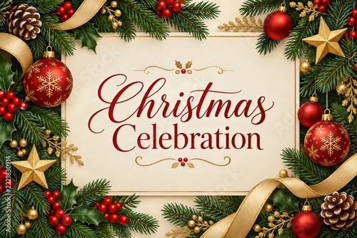 Christmas celebration invitation with red baubles and golden evergreen borders