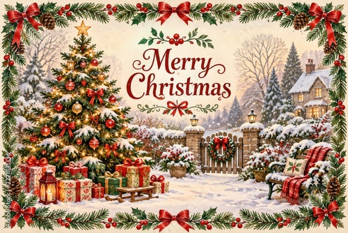 Painted Christmas greeting card with a decorated tree in a snowy garden
