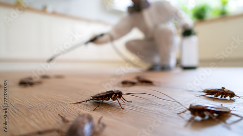 Pest control specialist exterminate cockroach Blattodea infestation in domestic kitchen, professional service eradicate harmful household insect