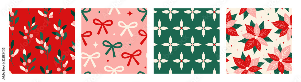 Fototapeta premium Seamless Christmas pattern set with holly berries, festive bows, floral motifs and poinsettia flowers. Flat vector designs for wrapping paper, fabric, textiles, stationery and seasonal decor