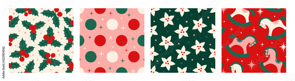 Fototapeta premium Seamless Christmas pattern set with holly leaves and red berries, geometric shapes, stylized flowers, rocking horses and stars. Flat vector illustrations for wrapping paper, fabric, textiles