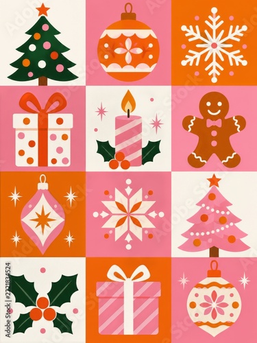 Pink Orange and White Christmas Tiles with Simple Festive Icon Designs