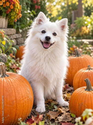 Fluffy White Dog with Pointed Ears Sitting among Bright Autumn Pumpkins