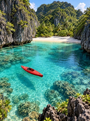Red Kayak Floating in a Clear Turquoise Cove between Rocky Coastal Cliffs