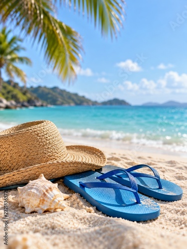 Blue Flip Flops Straw Hat and Seashell on a Sunny Tropical Sandy Beach