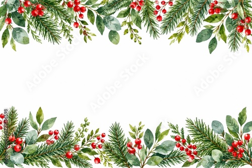 Watercolor Fir Sprigs Green Leaves and Red Berries Framing a White Center