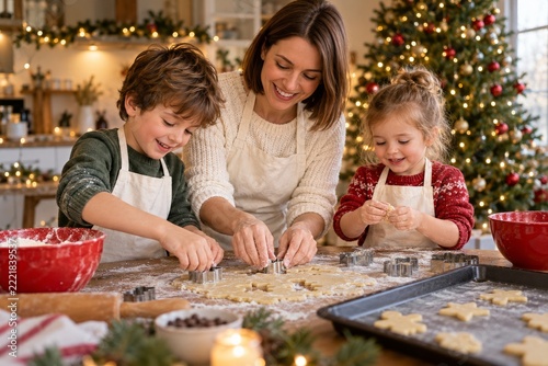 Mother and Two Children Baking Christmas Cookies in a Festive Kitchen