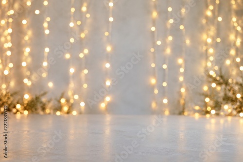 Soft Golden Fairy Light Strands on a Pale Gray Festive Bokeh Background