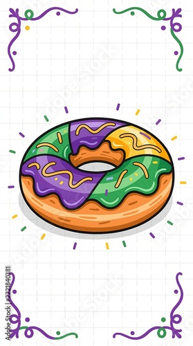 Mardi Gras donut illustration for Fat Tuesday celebration. Festive carnival pastry with purple, green, and gold icing. Vector graphic with copy space for party invitation