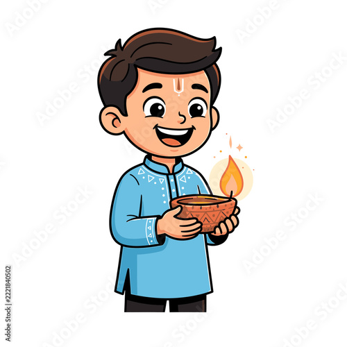 Cartoon Indian Boy Holding Diya Lamp for Diwali Celebration