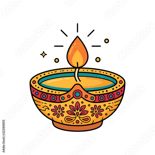 Colorful Diya Oil Lamp Illustration for Diwali Festival of Lights Decoration and Celebration
