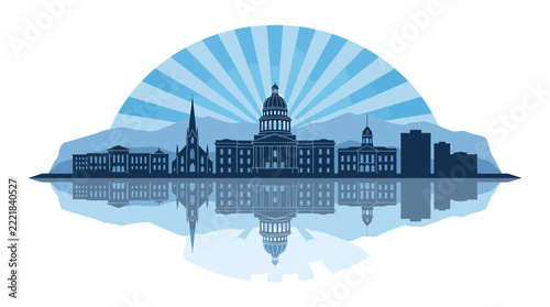 State Capitol building silhouette with symmetrical reflection and festive radial light rays, vector illustration