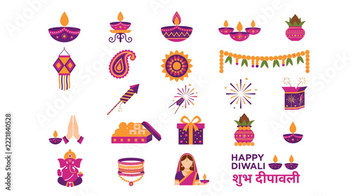 Set of Diwali Festival Icons and Decorative Symbols for Indian Celebration Design Elements