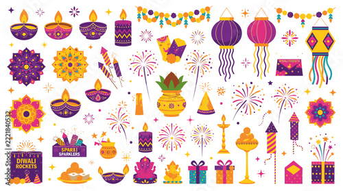Diwali Festival Elements Set with Traditional Lamps Lanterns Fireworks and Festive Decorations on White