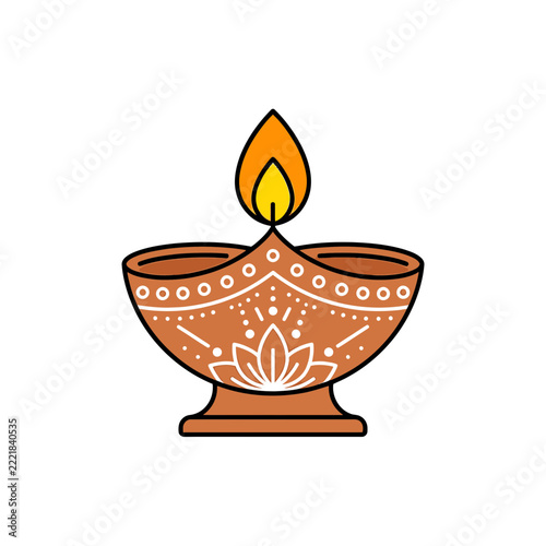 Diwali Diya oil lamp icon with traditional Indian floral pattern isolated on white background