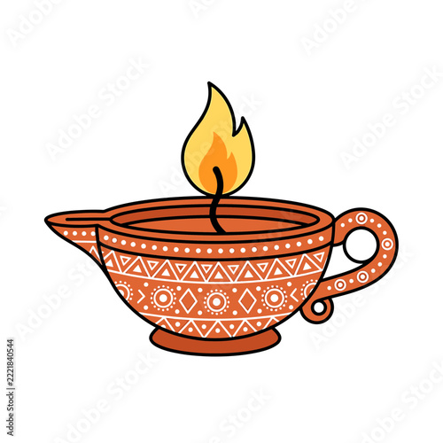 Stylized Diwali Oil Lamp Illustration with Traditional Ornate Patterns and Glowing Flame