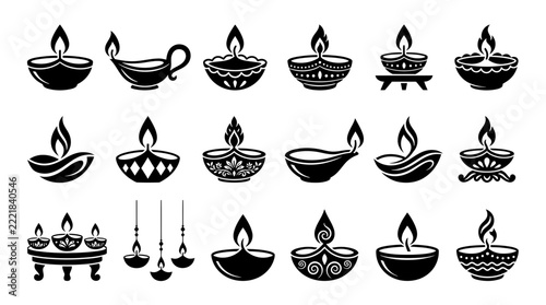 Set of Diwali Oil Lamp Icons and Decorative Diya Symbols for Festive Festival Celebration