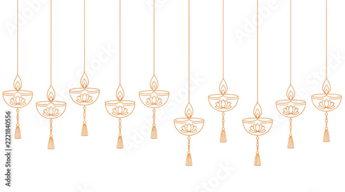 Elegant line art vector illustration of hanging traditional Diwali oil lamps with lotus flowers and tassels