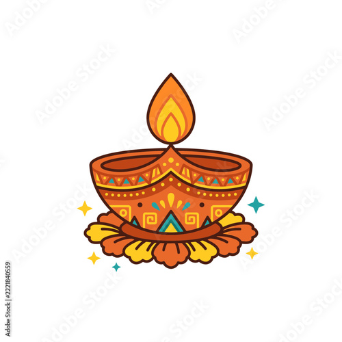 Decorative Traditional Diya Oil Lamp Illustration for Diwali Festival Celebration Isolated on White Background