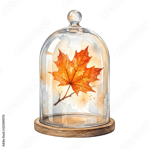 Watercolor autumn maple leaf inside glass cloche dome isolated on