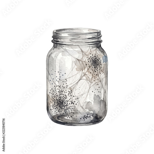 Watercolor halloween mason jar with spider web isolated on
