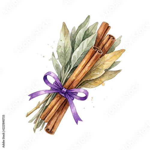 Watercolor cinnamon sticks and sage leaves bundle tied with purple