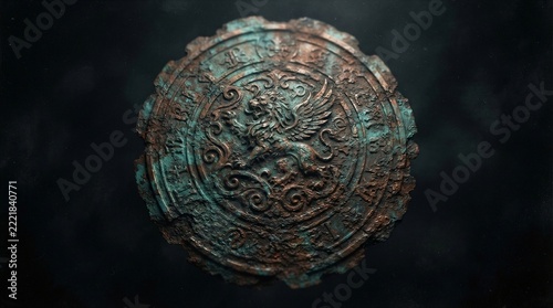 Bronze medallion embossed with dragon motif on dark background