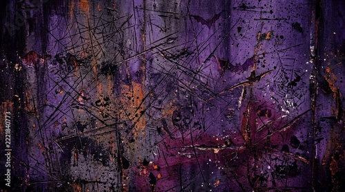 Purple distressed metal wall with scratches rust and paint splatter