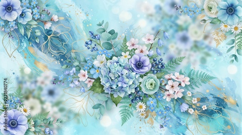 Blue floral bouquet arranged on pastel decorative background