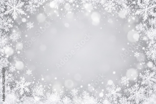 Delicate White Snowflake Border around a Pale Gray Winter Background
