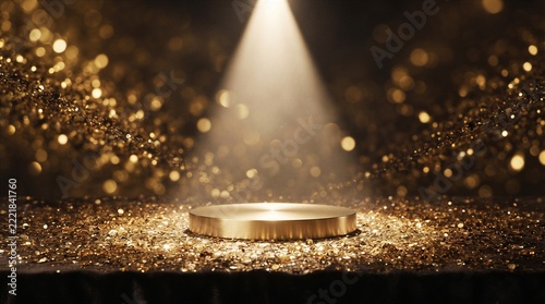 Gold podium illuminated by spotlight on glittering stage
