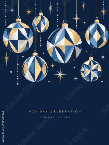 Geometric blue gold and silver Christmas baubles on a navy invitation