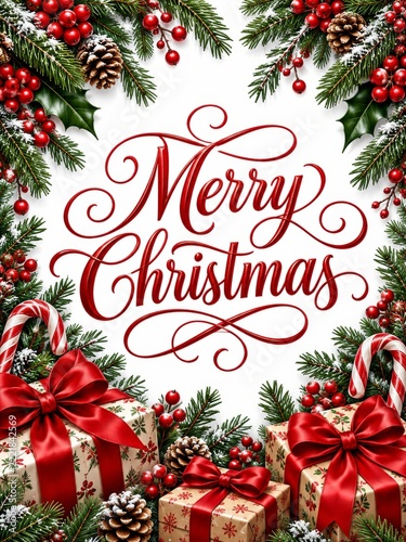 Ornate red Christmas lettering framed by evergreen branches and gifts