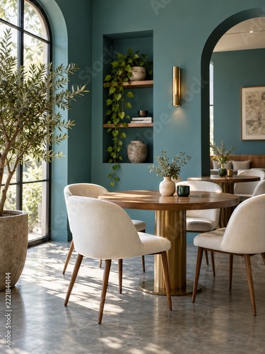 Cozy teal interior with round wooden tables and white chairs