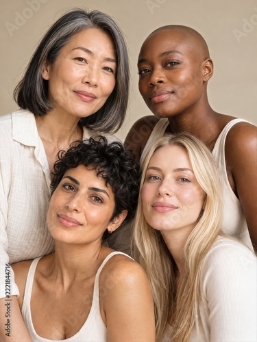 Four diverse women posing together in a natural beauty portrait on beige