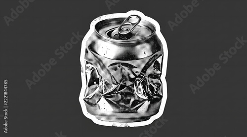 Crushed Aluminum Soda Can Vector Graphic Featuring Crumpled Metallic Drink Tin with White Outline on Dark Background   