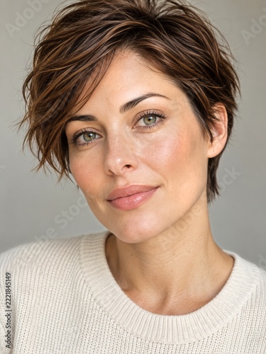Natural beauty closeup of woman with chestnut pixie hair and healthy skin