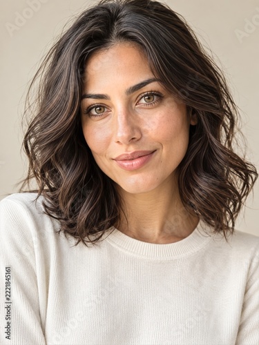 Fresh natural beauty portrait of woman with dark waves and subtle makeup